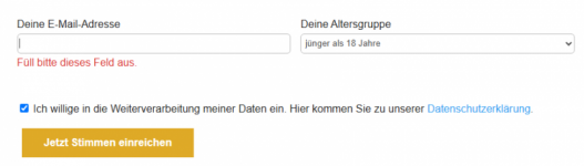 E - Mailadresse eintragen (gern auch verschiedene), Altersgruppe eingeben und den Haken bei der Datenverarbeitung setzen